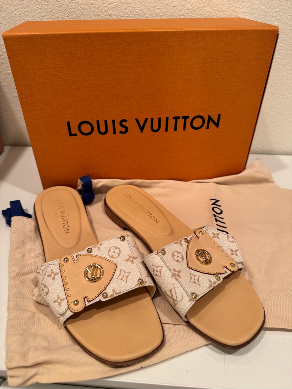 Louis Vuitton LV Frame Flat Mule Monogram Dune Beige Sandals Size 39